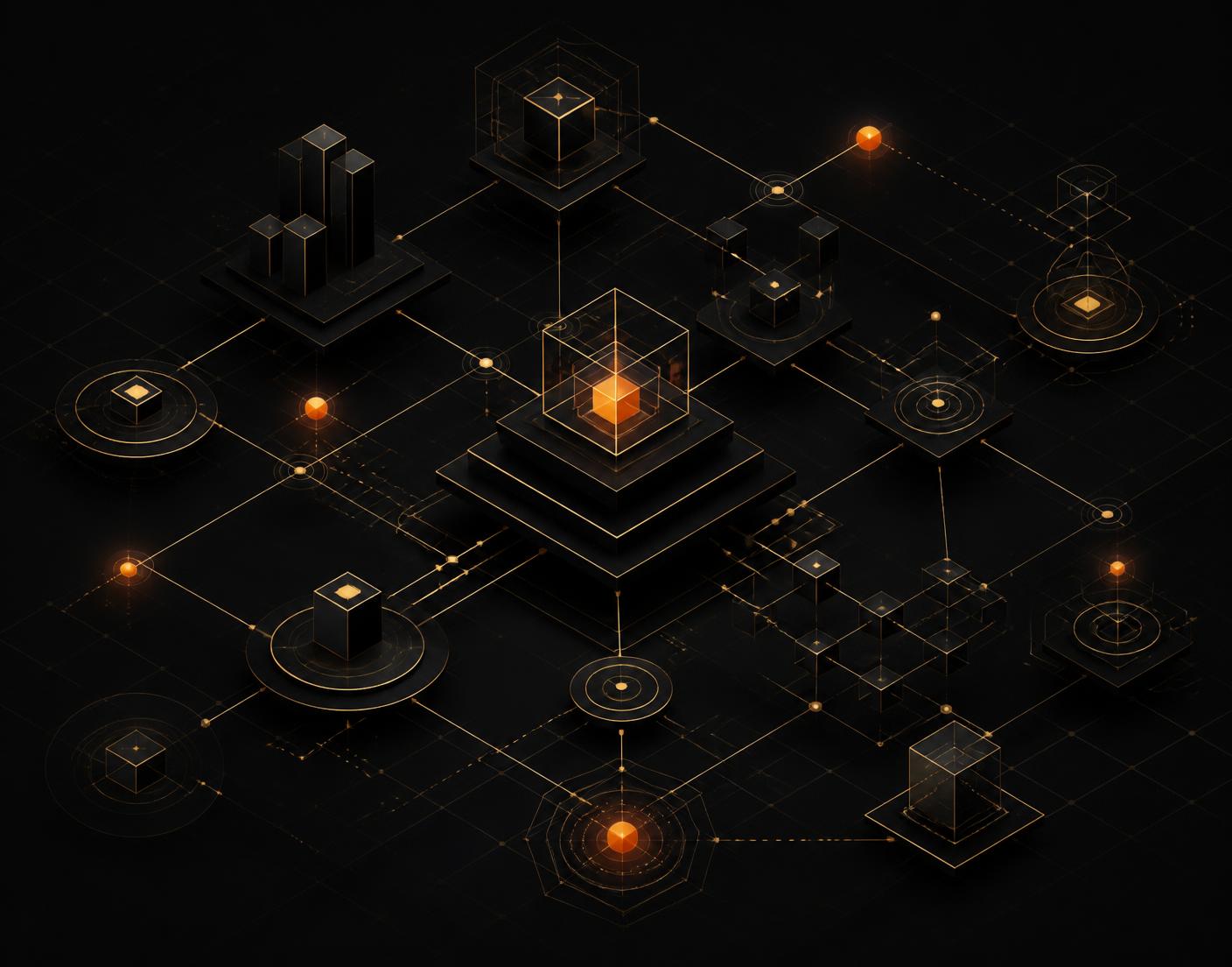 Diagramă abstractă a unui ecosistem de creștere conectat, care leagă strategia, marketingul, lead-urile, CRM-ul, automatizarea, clienții și creșterea